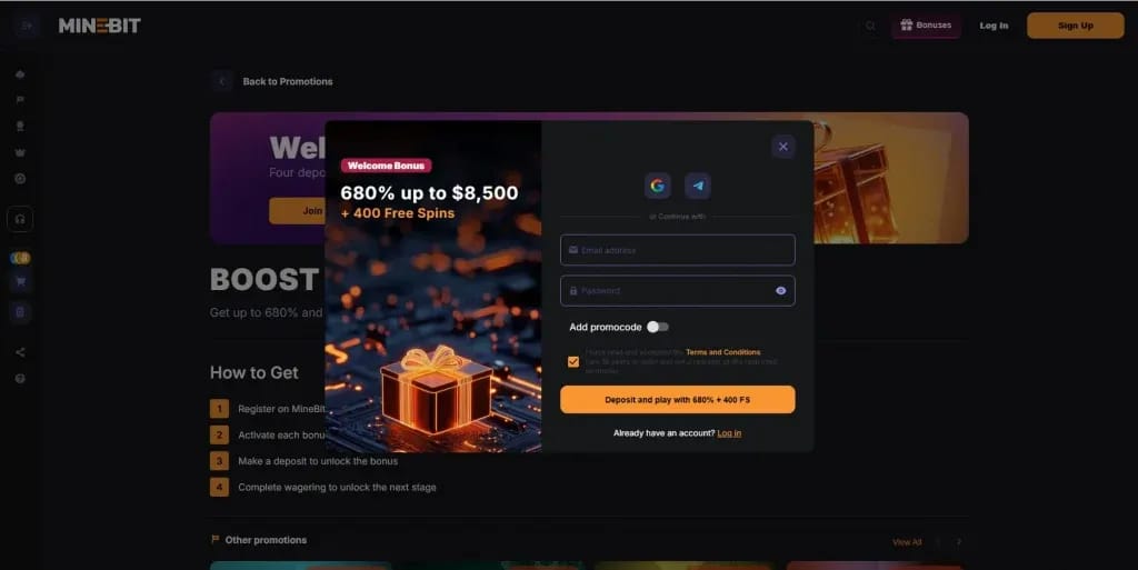 MineBit Canadian online casino registration