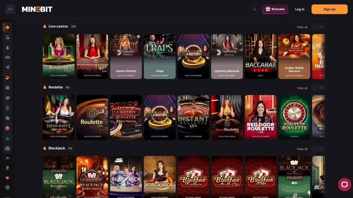 MineBit Canadian desktop live casino games